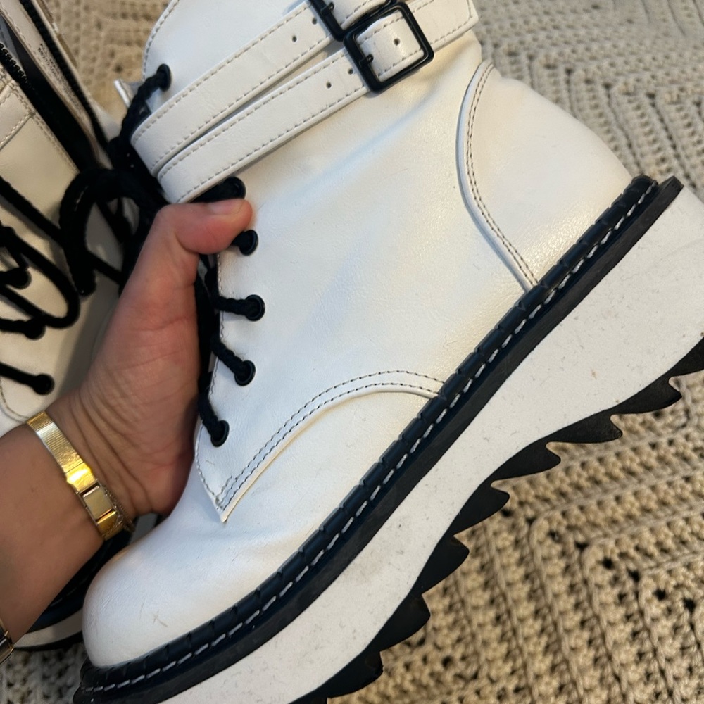 Demonia White Combat Boots with Black Accents - Picture 3 of 10